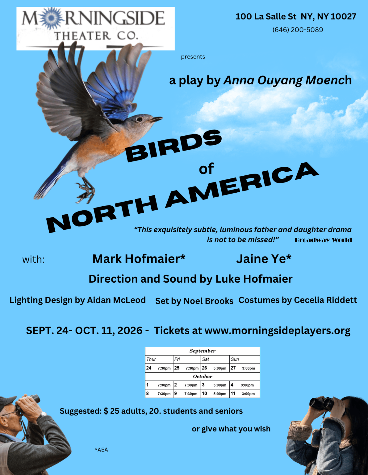 Birds of North America by Anna Ouyang Moench at Morningside Theater Co., September 24–October 11, 2026.