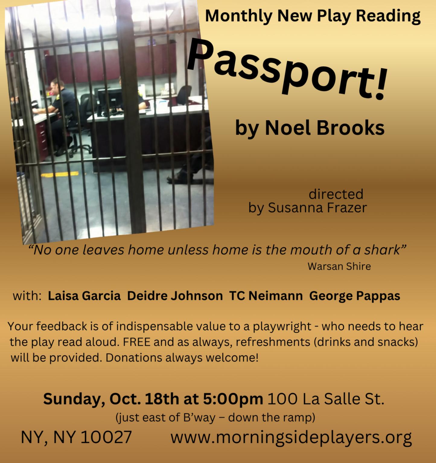 Flyer for Passport! by Noel Brooks, directed by Susanna Frazer. Free monthly new play reading on Sunday, October 18, 2026 at 5:00 p.m., 100 La Salle St., New York, NY 10027.